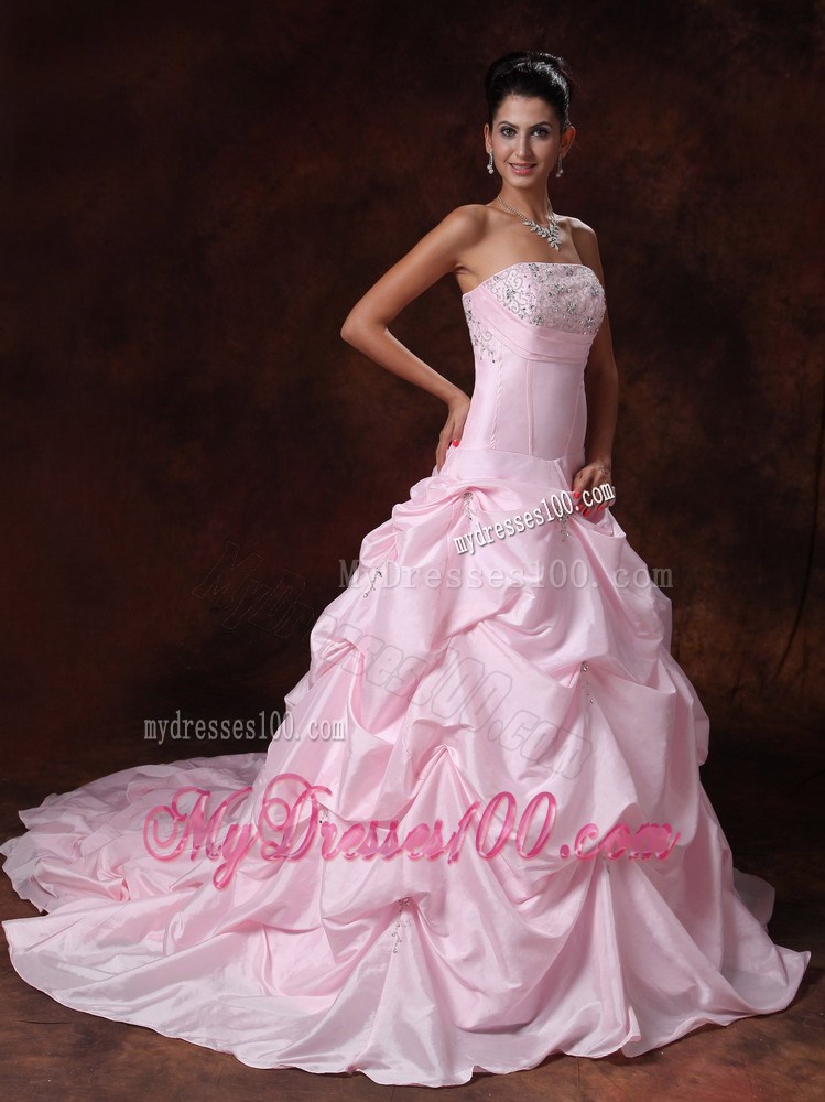 Court Train Pink Wedding Gown Pick-ups Beading and Appliques