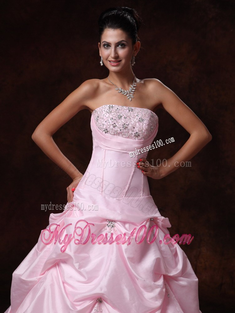Court Train Pink Wedding Gown Pick-ups Beading and Appliques