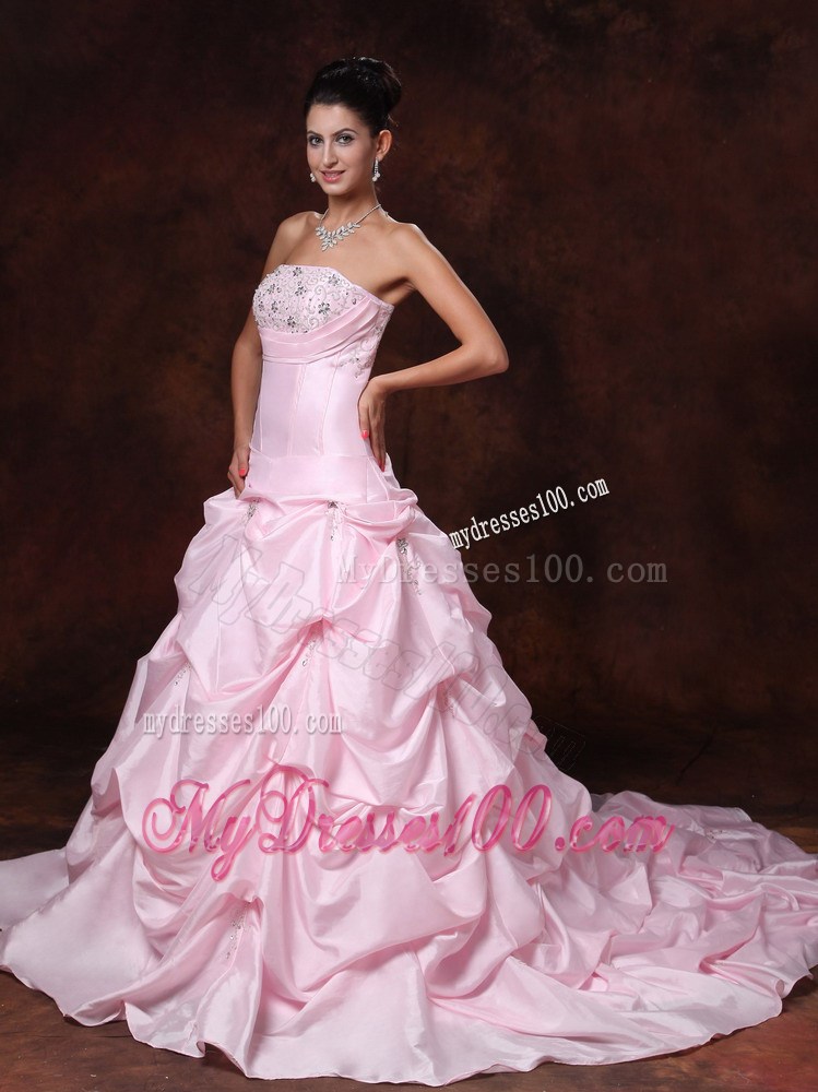 Court Train Pink Wedding Gown Pick-ups Beading and Appliques