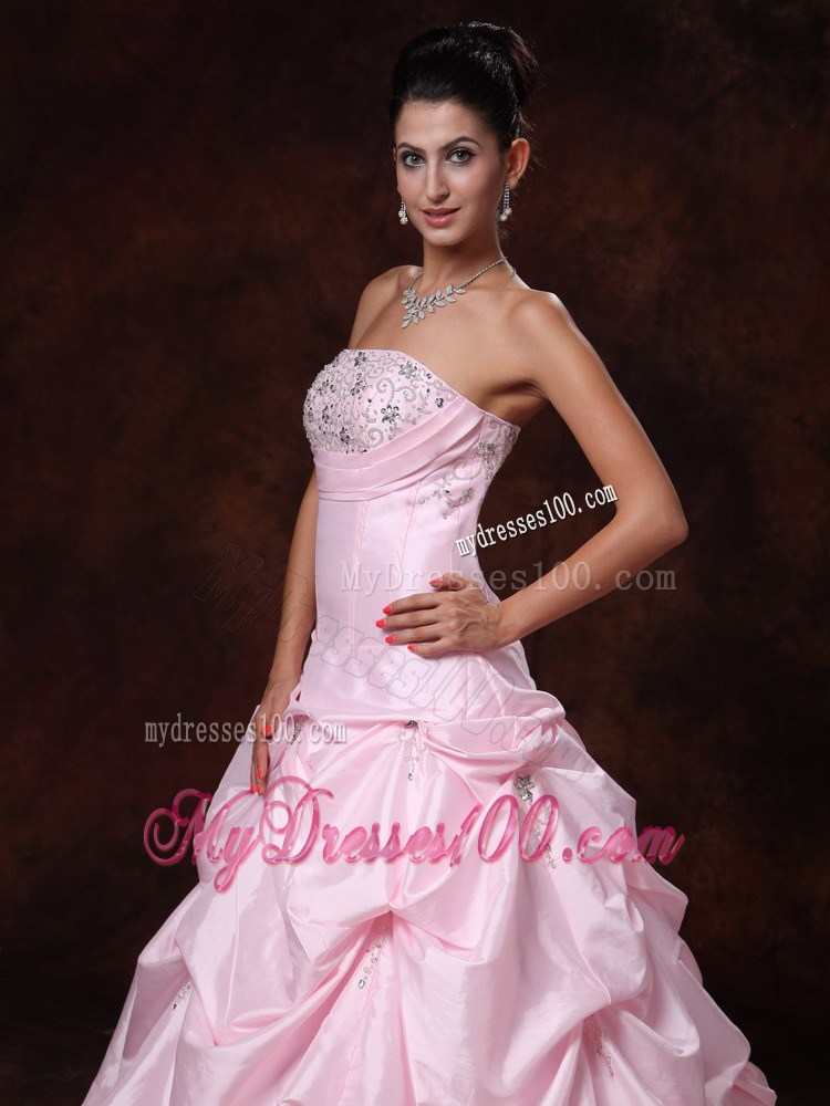 Court Train Pink Wedding Gown Pick-ups Beading and Appliques