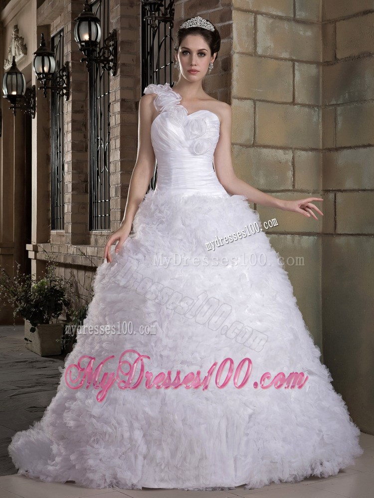 Hand Made Flowers One Shoulder Ruched Dress for Brides with Rolling Flowers