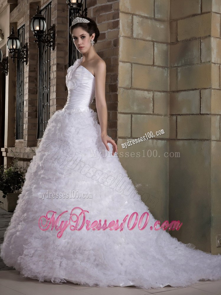 Hand Made Flowers One Shoulder Ruched Dress for Brides with Rolling Flowers