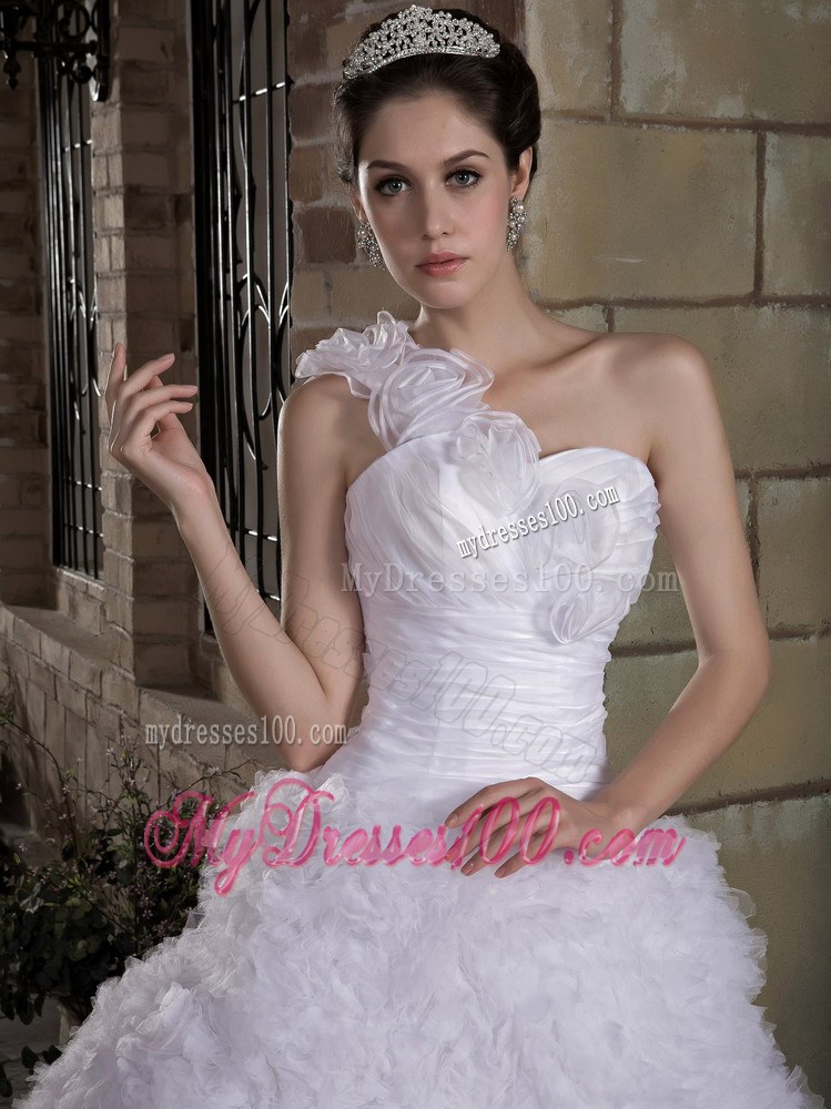 Hand Made Flowers One Shoulder Ruched Dress for Brides with Rolling Flowers
