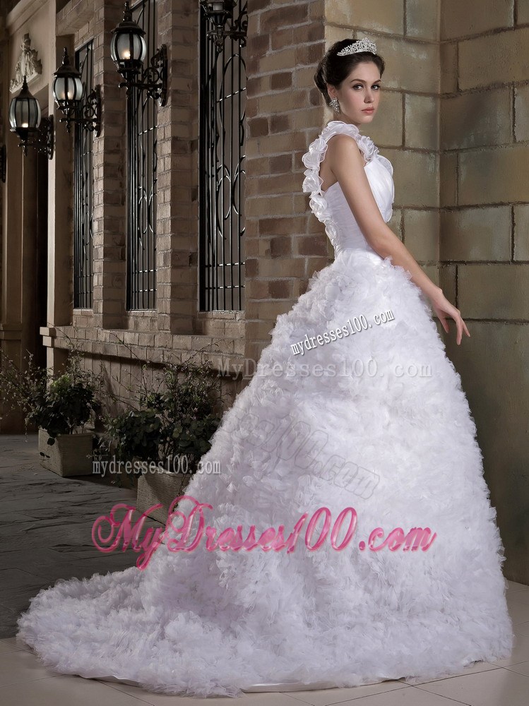 Hand Made Flowers One Shoulder Ruched Dress for Brides with Rolling Flowers