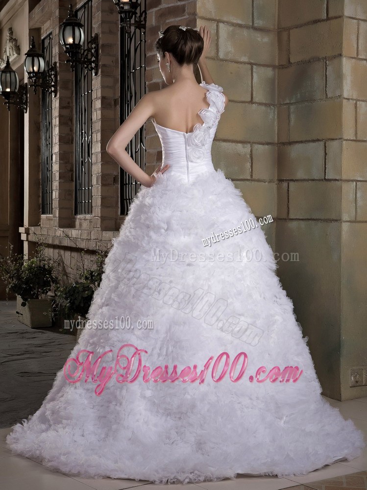 Hand Made Flowers One Shoulder Ruched Dress for Brides with Rolling Flowers