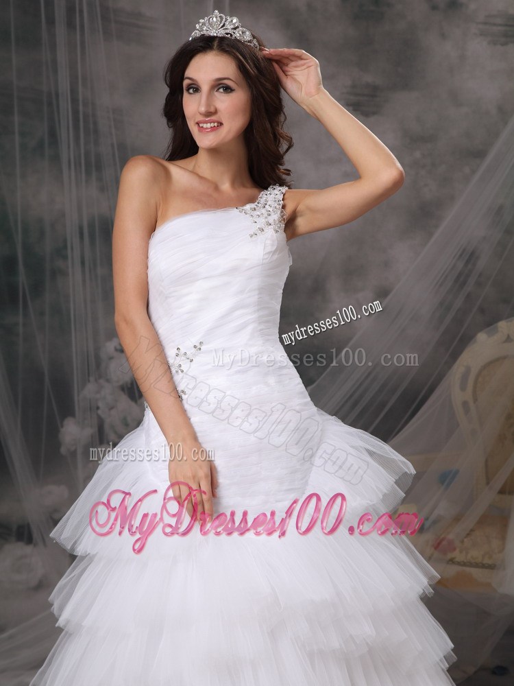 Must-have One Shoulder Beaded Ruffle Layers White Wedding Gown