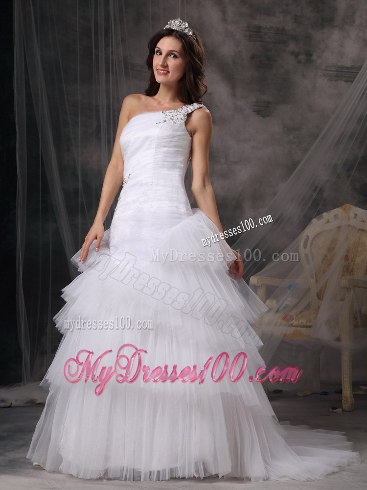 Must-have One Shoulder Beaded Ruffle Layers White Wedding Gown