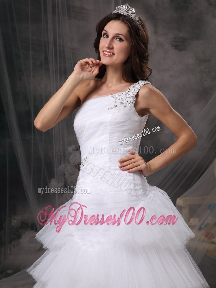 Must-have One Shoulder Beaded Ruffle Layers White Wedding Gown