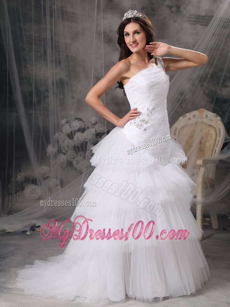 Must-have One Shoulder Beaded Ruffle Layers White Wedding Gown