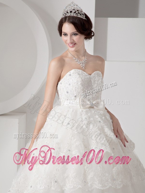 Beading and Lace Flowers Decorated Tiers Wedding Dresses with Bowknot