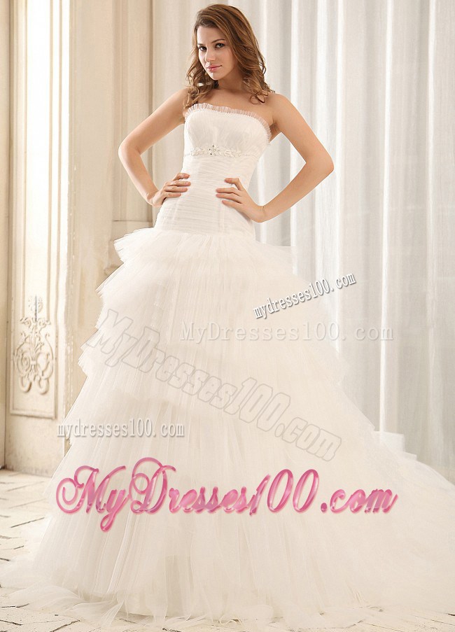 Beading Bodice Layers Bridal Gowns with Court Train and Ruffled Neckline