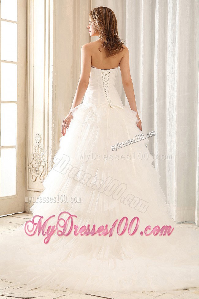 Beading Bodice Layers Bridal Gowns with Court Train and Ruffled Neckline