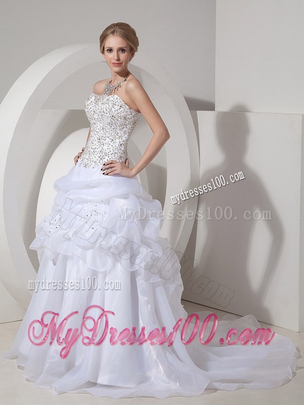 Beaded Bodice Princess Strapless Court Train Flowery Wedding Gown