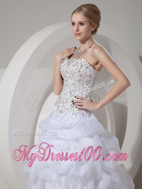 Beaded Bodice Princess Strapless Court Train Flowery Wedding Gown