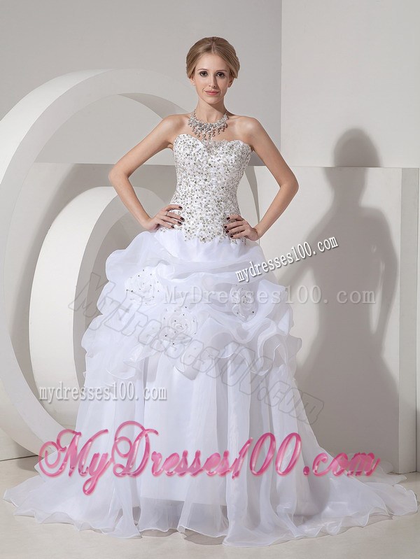 Beaded Bodice Princess Strapless Court Train Flowery Wedding Gown