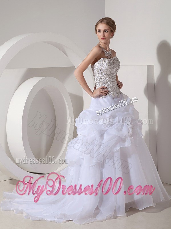 Beaded Bodice Princess Strapless Court Train Flowery Wedding Gown