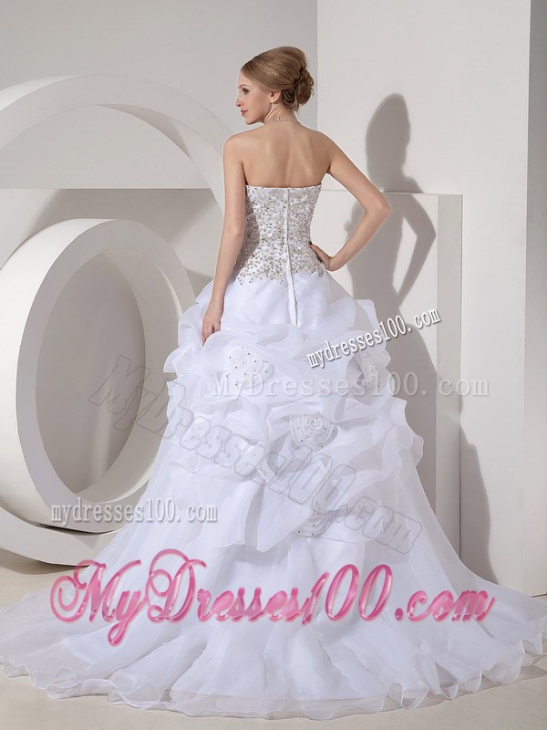 Beaded Bodice Princess Strapless Court Train Flowery Wedding Gown
