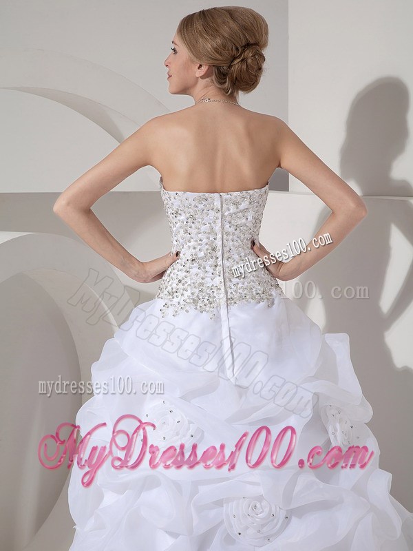 Beaded Bodice Princess Strapless Court Train Flowery Wedding Gown