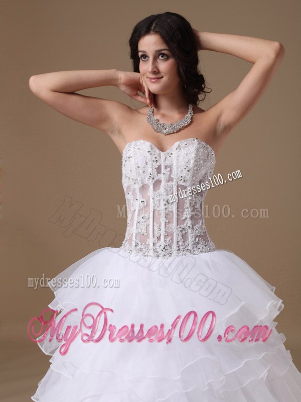 Elegant Ruffle Layers Corset Back Strapless Wedding Gown in White
