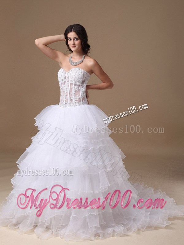 Elegant Ruffle Layers Corset Back Strapless Wedding Gown in White