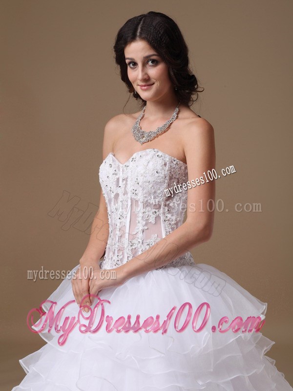 Elegant Ruffle Layers Corset Back Strapless Wedding Gown in White