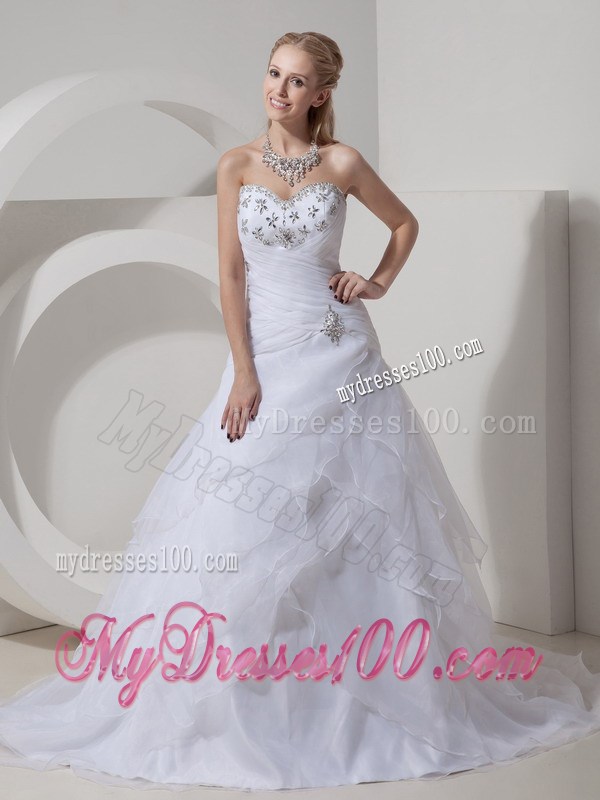 Chapel Train Lace-up Dresses for Wedding with Beading and Ruches