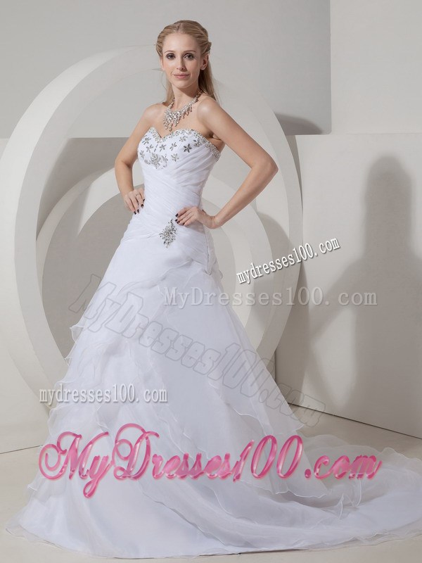 Chapel Train Lace-up Dresses for Wedding with Beading and Ruches