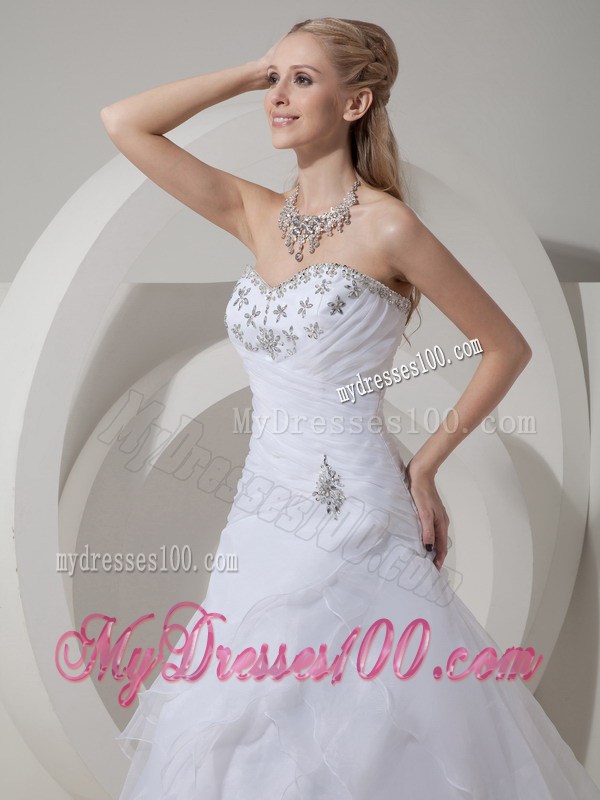 Chapel Train Lace-up Dresses for Wedding with Beading and Ruches