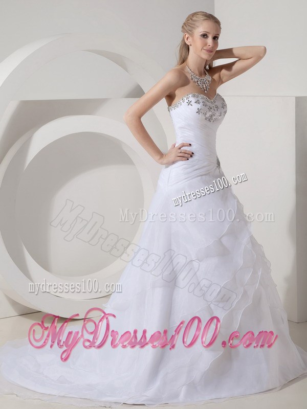 Chapel Train Lace-up Dresses for Wedding with Beading and Ruches
