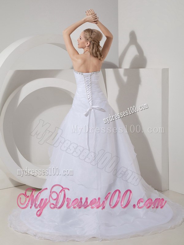 Chapel Train Lace-up Dresses for Wedding with Beading and Ruches