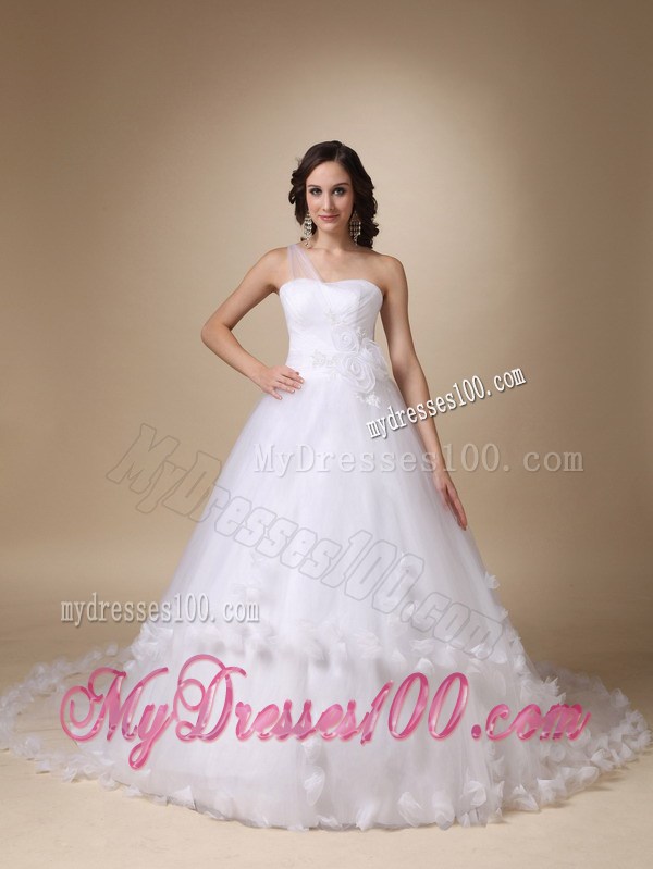 Sheer One Shoulder Bridal Dress with Small Hand Made Flowers Hemline