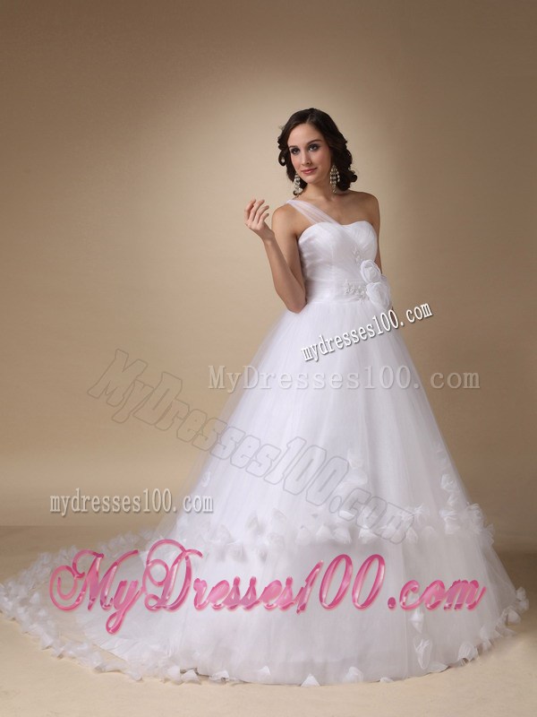 Sheer One Shoulder Bridal Dress with Small Hand Made Flowers Hemline