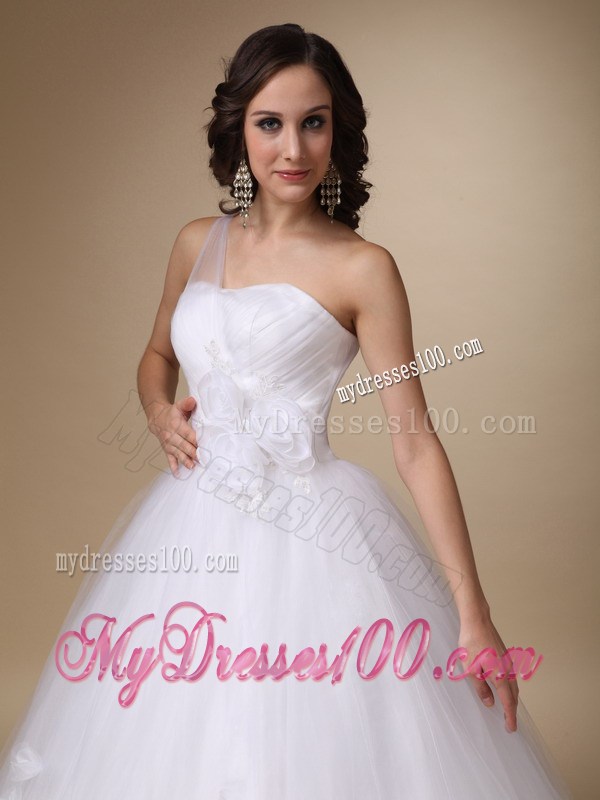 Sheer One Shoulder Bridal Dress with Small Hand Made Flowers Hemline