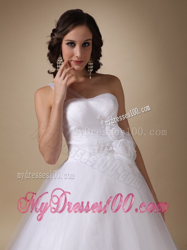 Sheer One Shoulder Bridal Dress with Small Hand Made Flowers Hemline