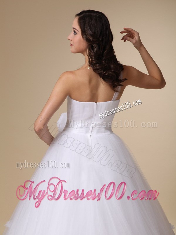 Sheer One Shoulder Bridal Dress with Small Hand Made Flowers Hemline