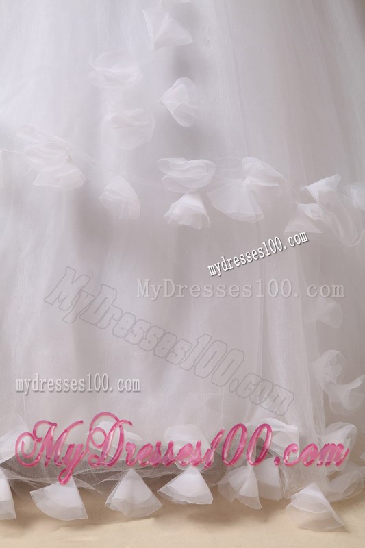 Sheer One Shoulder Bridal Dress with Small Hand Made Flowers Hemline