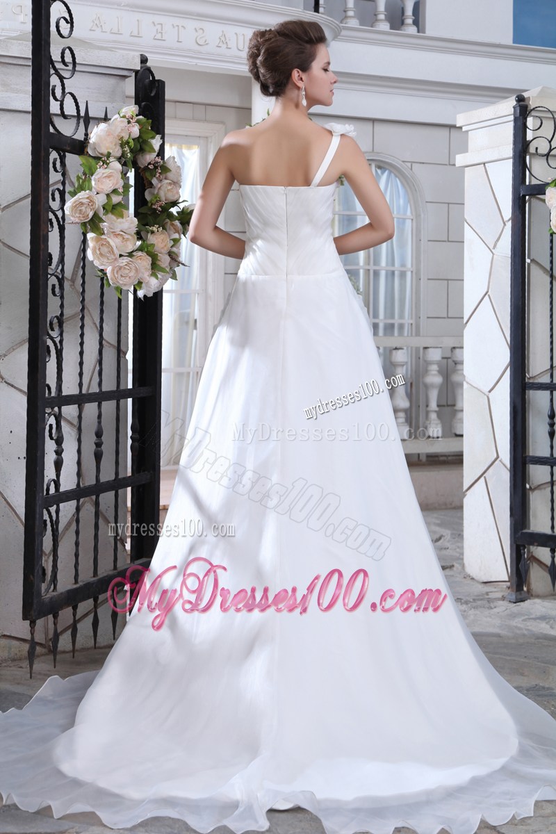 Hand Made Flowers and Appliques Decorated Wedding Dress with Brush Train