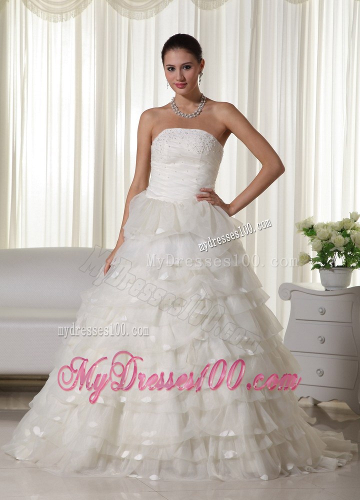 Layers and Appliques Accent Organza Wedding Gown of Chapel Train