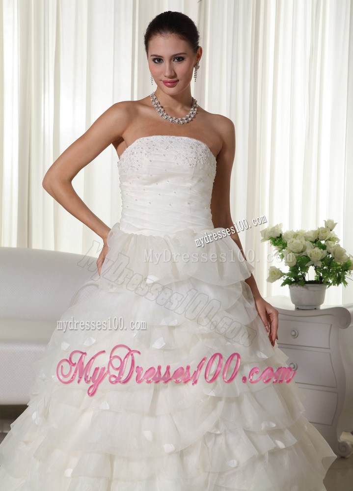 Layers and Appliques Accent Organza Wedding Gown of Chapel Train