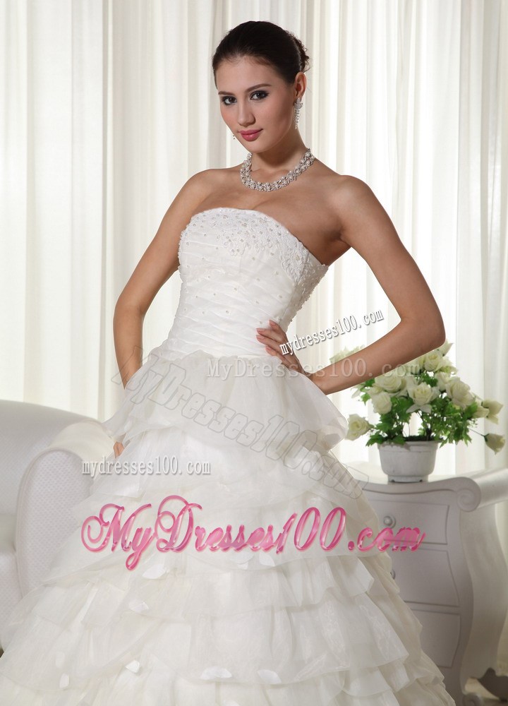 Layers and Appliques Accent Organza Wedding Gown of Chapel Train
