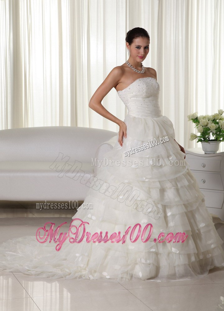 Layers and Appliques Accent Organza Wedding Gown of Chapel Train