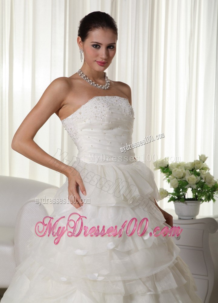 Layers and Appliques Accent Organza Wedding Gown of Chapel Train