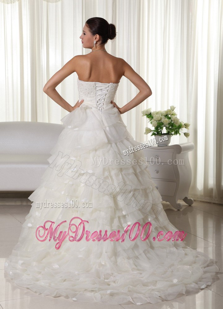Layers and Appliques Accent Organza Wedding Gown of Chapel Train