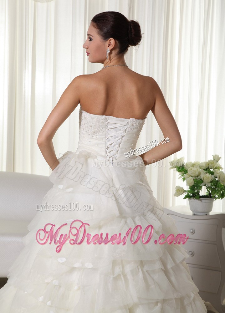 Layers and Appliques Accent Organza Wedding Gown of Chapel Train