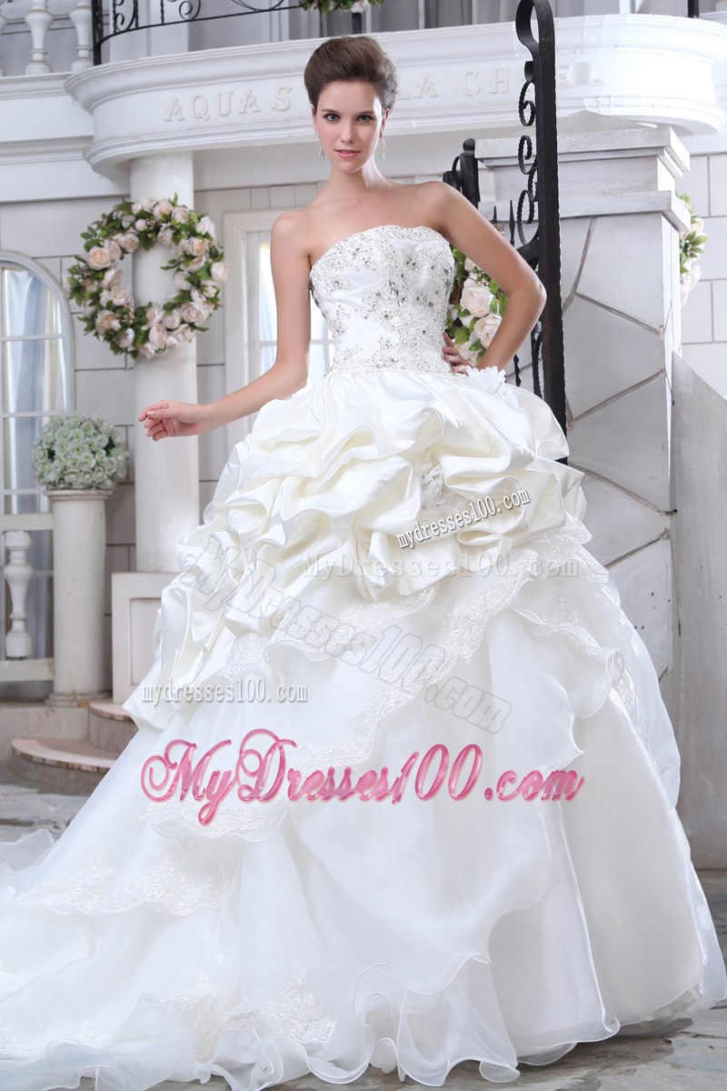 Appliques with Beading Decorated Pick-ups Chapel Train Wedding Dress