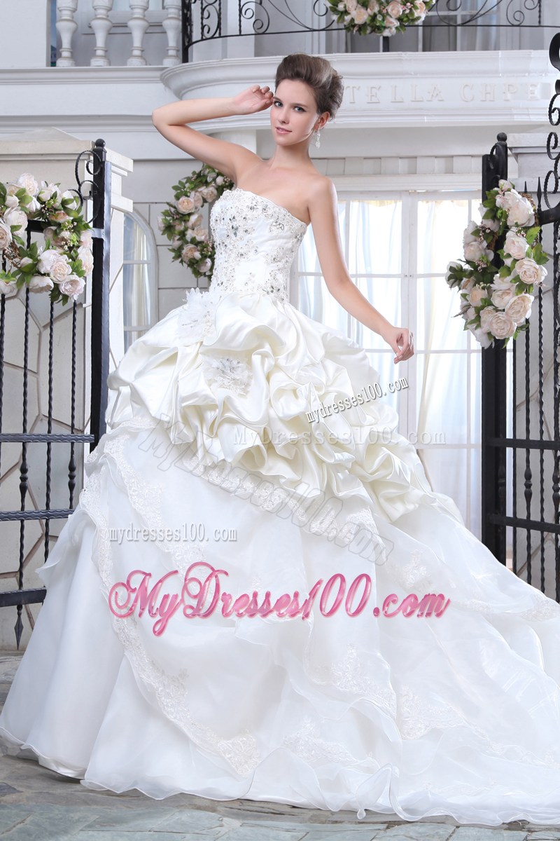 Appliques with Beading Decorated Pick-ups Chapel Train Wedding Dress