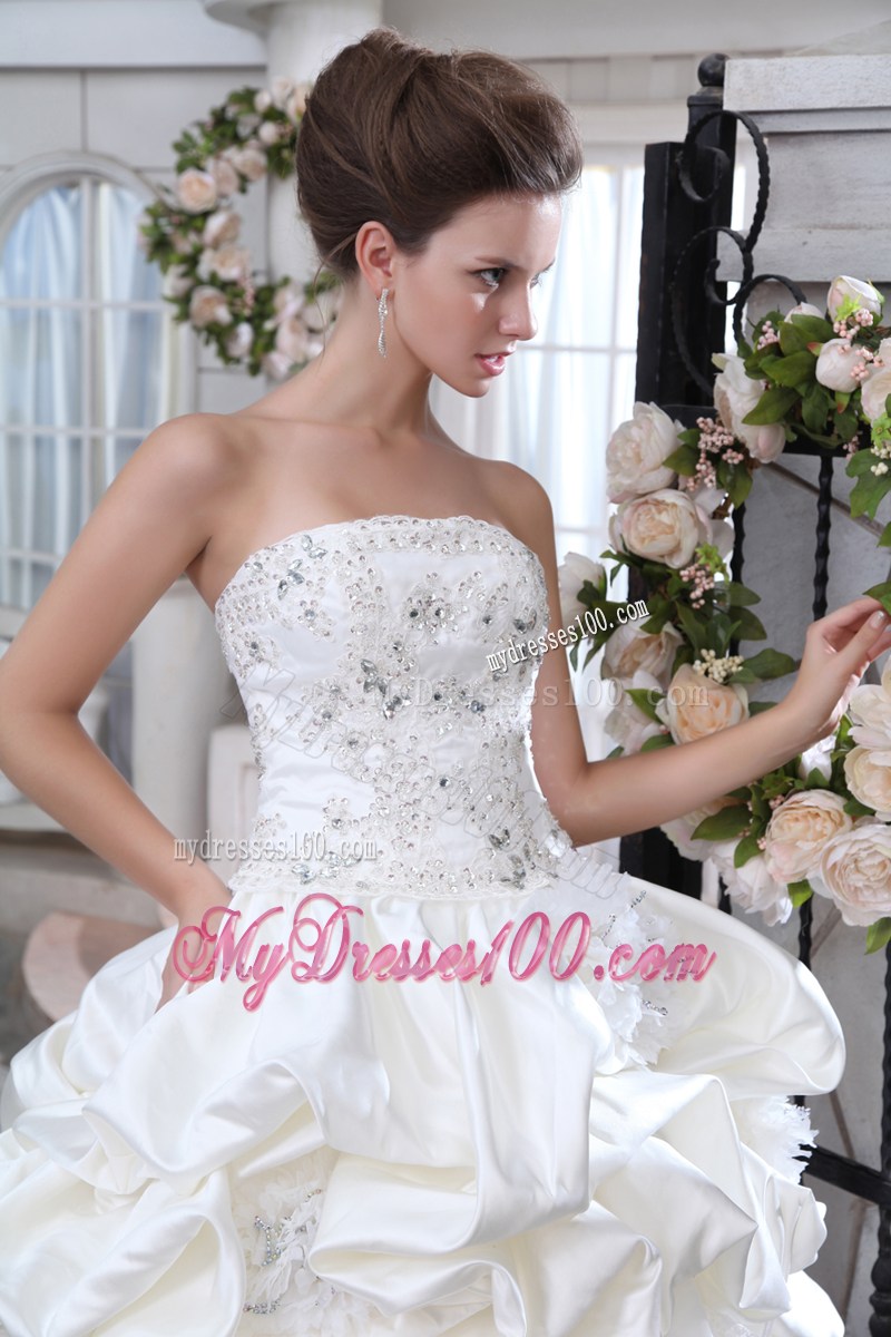 Appliques with Beading Decorated Pick-ups Chapel Train Wedding Dress