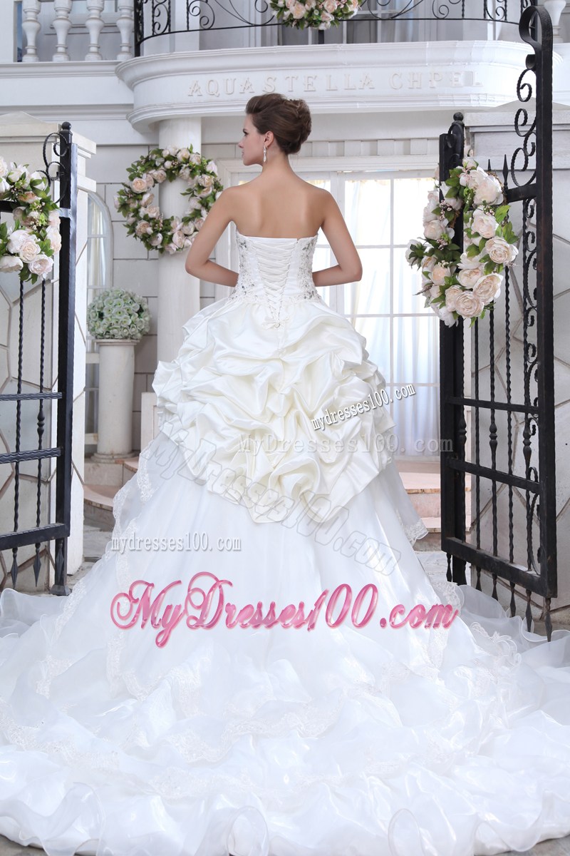 Appliques with Beading Decorated Pick-ups Chapel Train Wedding Dress