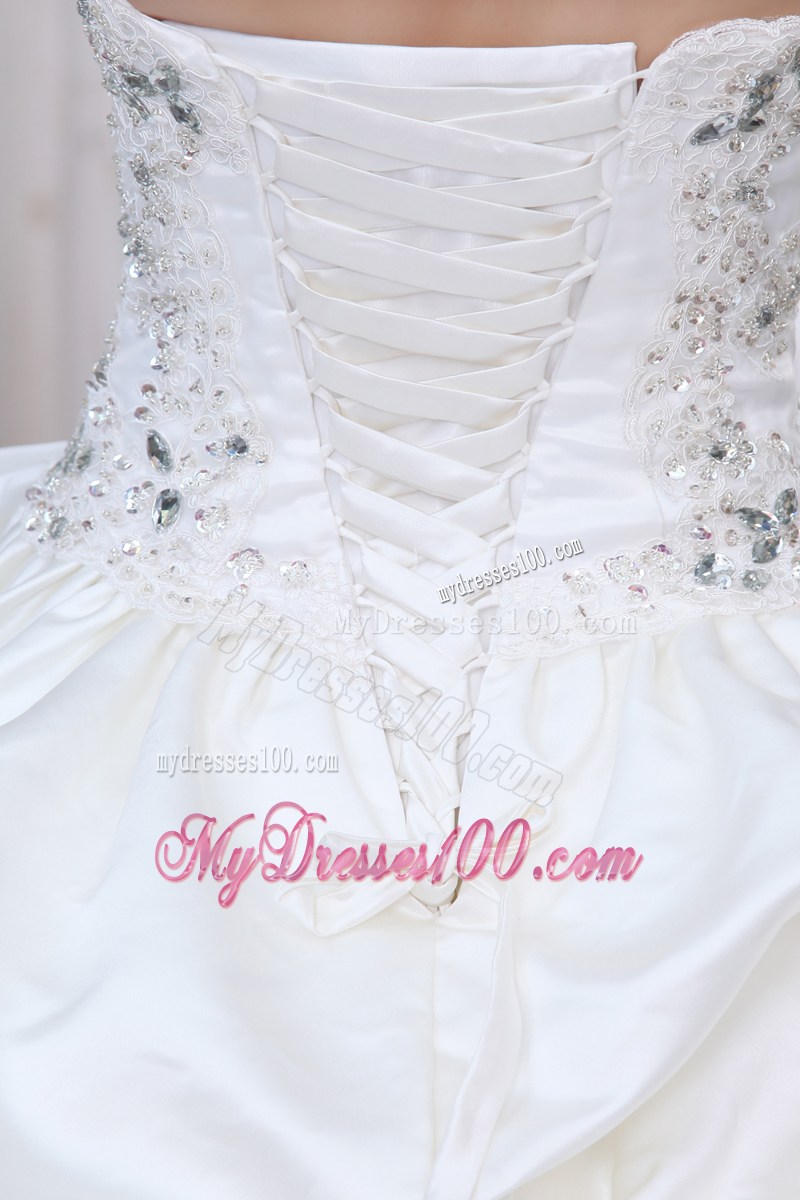 Appliques with Beading Decorated Pick-ups Chapel Train Wedding Dress