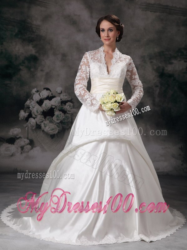 Long Sleeve Plunging V-neck White Wedding Gown with Lace Hem